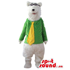 White Bear Plush Mascot Dressed In Glasses And Yellow Tie