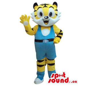 Yellow And White Tiger Animal Mascot Dressed In Blue Sports Gear