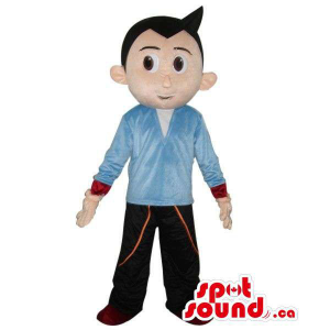 Black-Haired Boy Mascot Dressed In A Blue Shirt And Brown Pants