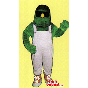 Green Monster Mascot With A Yellow Nose And Overalls