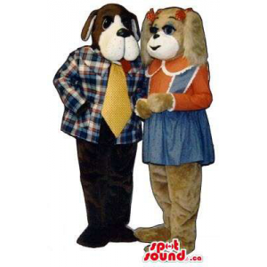 Brown And Black Dog Mascots In Girl And Boy Gear
