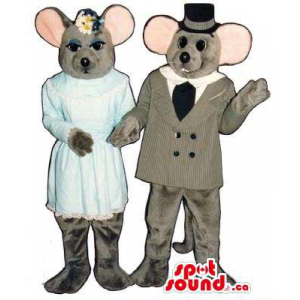 Grey Mice Couple Boy And Girl Mascots Dressed In Elegant Clothing
