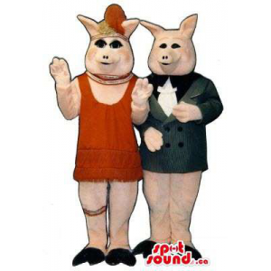 Pig Couple Mascots Dressed In Gangster And Charleston Clothes