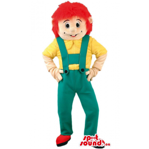 Mascota Niño Con Pelo Rojo, Mono Verde Y Camiseta Amarilla