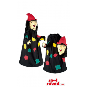 Mascota Bruja Con Vestido Negro Con Parches Y Sombrero Rojo