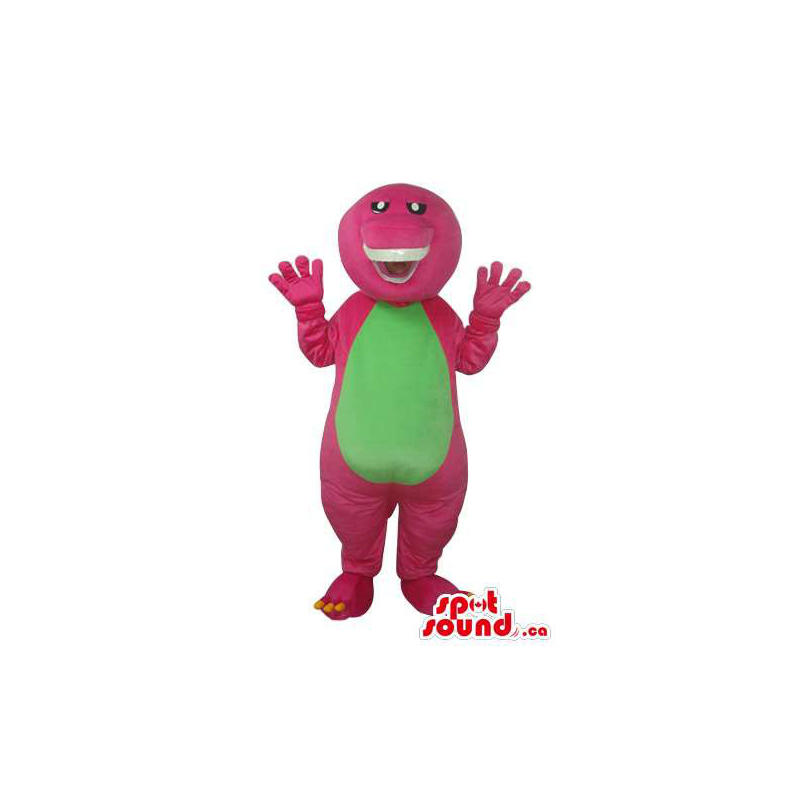 Peculiar-de-rosa do dinossauro mascote de pelúcia com uma barriga