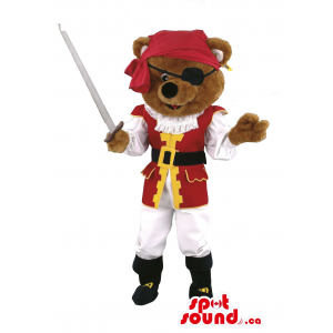 Bear Mascot With Pirate Disguise With An Eye-Patch And A Sword
