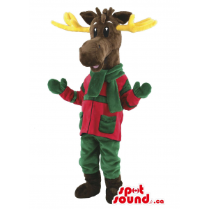 Brown rena mascote animal Com Inverno verde e vermelho da engrenagem