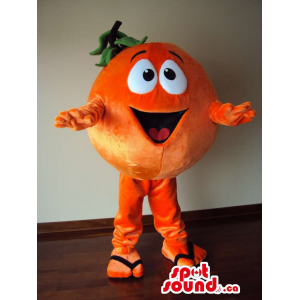 Orange Fruit Mascot With Large Eyes And Smile Dressed In Flip-Flops