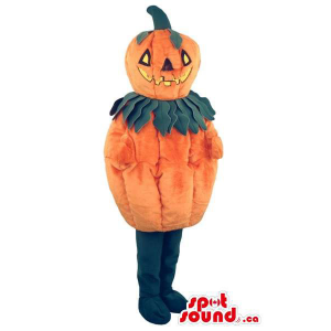 Halloween Pumpkin Mascote Com Sorriso Esculpida e olhos amarelos