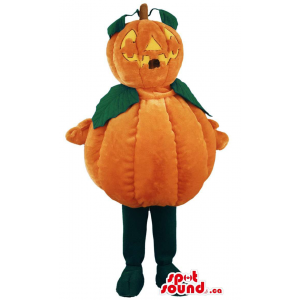 Halloween Pumpkin Mascot With Leaves And Carved Smile