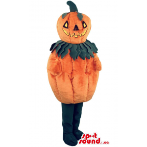 Halloween Pumpkin Mascot With Leave Collar And Carved Face