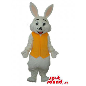 White Rabbit Plush Mascot Dressed In A Yellow Vest