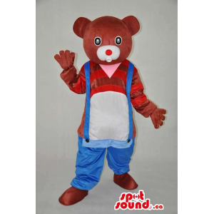 Brown Mascote do urso de pelúcia vestido em baixa macacões e listrado personalizado Top
