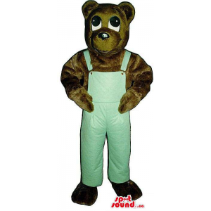 Dark Brown Bear Plush Mascot Dressed In Blue Overalls