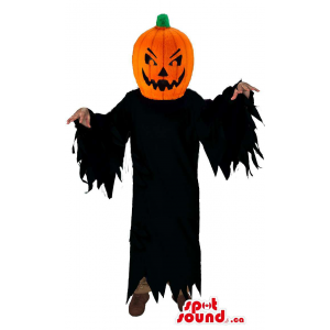 Mascota Calabaza De Halloween Con Traje Largo Negro