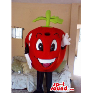 Red Apple Fruit Mascot com grandes olhos e dentes brancos