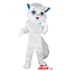 Todo o branco do bichano da mascote animal do gato com olhos azuis e orelhas