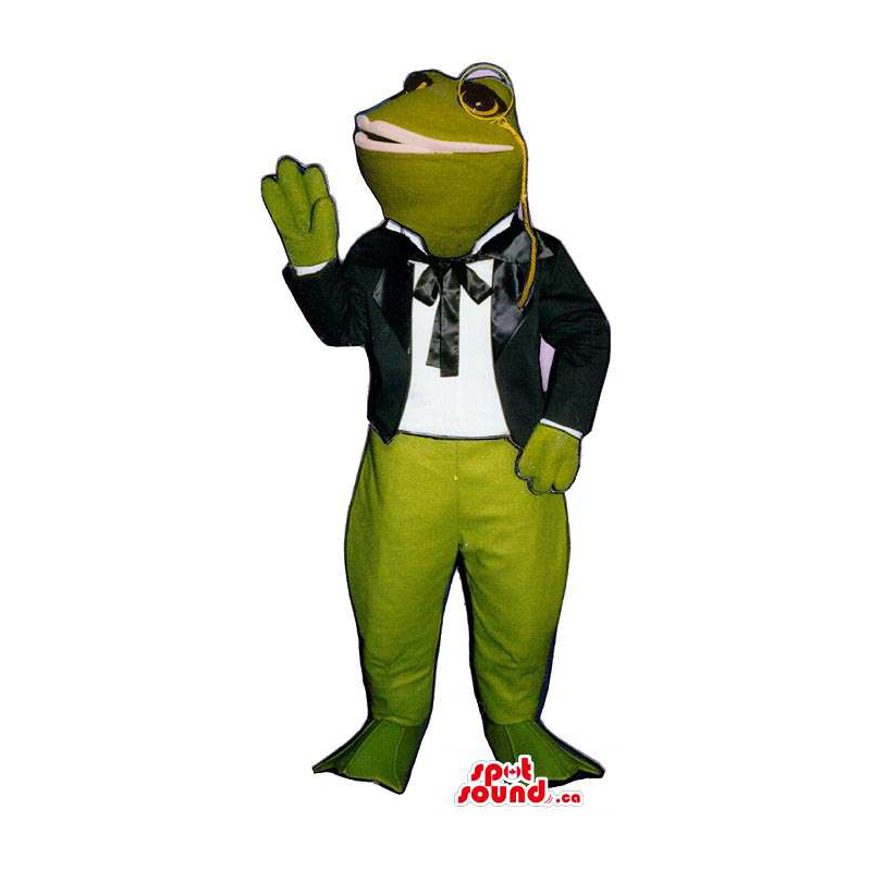 Green Frog Plush Mascot Dressed In Old-Times Clothes And A Monocle