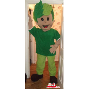 Menino mascote com engrenagem verde e cabelo nas folhas