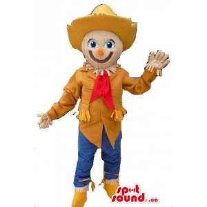 Mascote Caráter Espantalho com jeans e chapéu de Brown