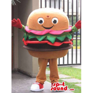Grande Hamburger Mascote Alimentos com vermelho e branco calçados esportivos