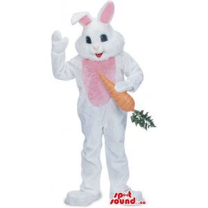 White And Pink Rabbit Animal Mascot With Large Carrot
