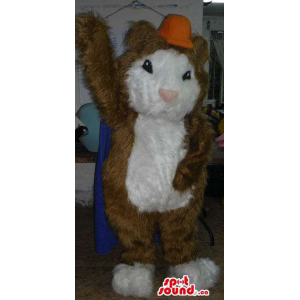 Brown e Branco Hamster mascote animal com Red Hat
