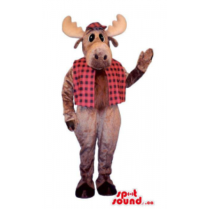 Brown Reindeer Plush Mascot Dressed In A Checked Vest