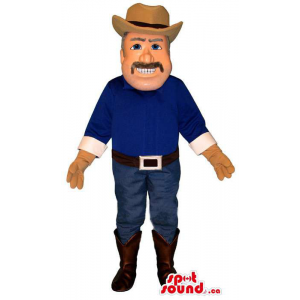 Cowboy Human Mascot Dressed In Jeans And A Hat With A Moustache