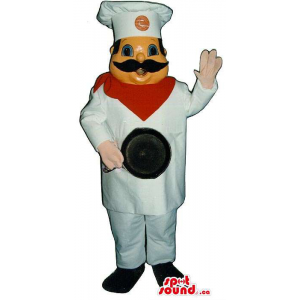 Large Chef Human Mascot With A Logo And A Frying Pan