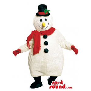 Branco Mascote do boneco de neve vestiu-se no lenço vermelho e no chapéu superior