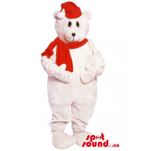 Mascote Floresta personalizado Urso Branco com lenço e chapéu vermelho
