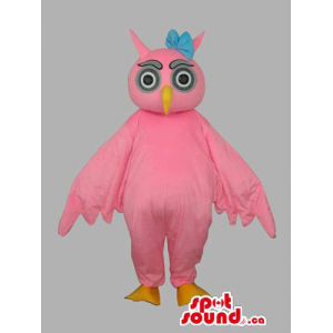 All Pink Owl Bird Customised Mascot Dressed In A Blue Ribbon