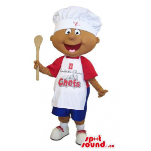 Boy Mascot Dressed In A Red T-Shirt, Chef Hat And Apron With Text