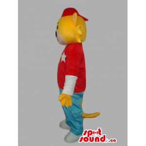 Yellow And White Animal Mascot Dressed In A Red T-Shirt With S