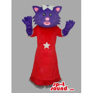 Purple And Pink Cat Mascot Dressed In A Red Dress And A Ribbon