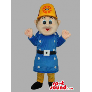 Mascota Agente De Policía Con Sombrero Amarillo Y Traje Azul