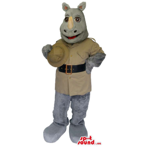 Grey Rhinoceros Mascot Dressed In Safari Beige Gear And A Hat