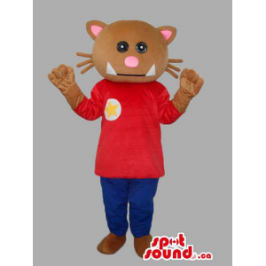 Brown And Pink Cat Animal Mascot With T-Shirt And Pants