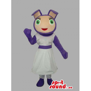 Purple Customised Mascot With A White Dress And Green Eyes