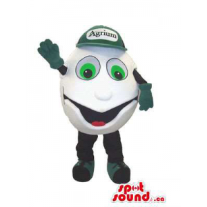 Customised White Ball Mascot Dressed In Green Advertising Cap