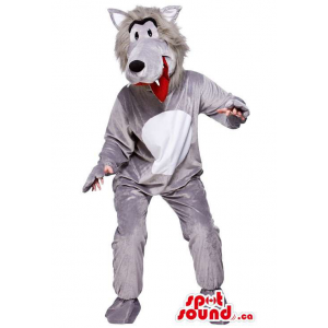 Grey And White Wolf Animal Adult Costume With Red Tongue