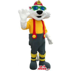 White Cat Mascot Dressed In Fireman Clothes And Sunglasses