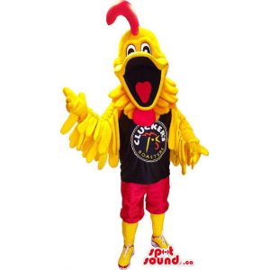 Customised Yellow And Red Rooster Animal Mascot Dressed In T-Shirt