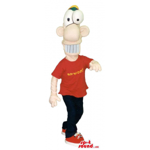 Long-Faced Peculiar Boy Mascot Dressed In A T-Shirt, Sports Shoes And A Cap