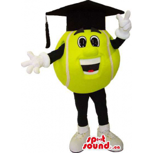 Amarelo Bola Mascote Ténis vestida em um boné preto da graduação