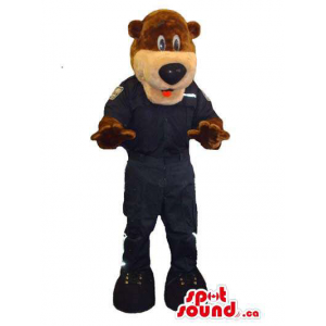Brown Bear Forest Mascot Dressed In Black Gear And Boots