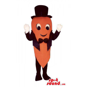 Carrot Vegetable Mascot Dressed In A Black Smoking And Top Hat