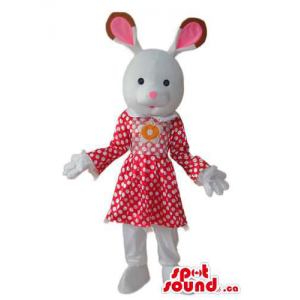 White Cute Girl Bunny Mascot Dressed In A Dress With Dots